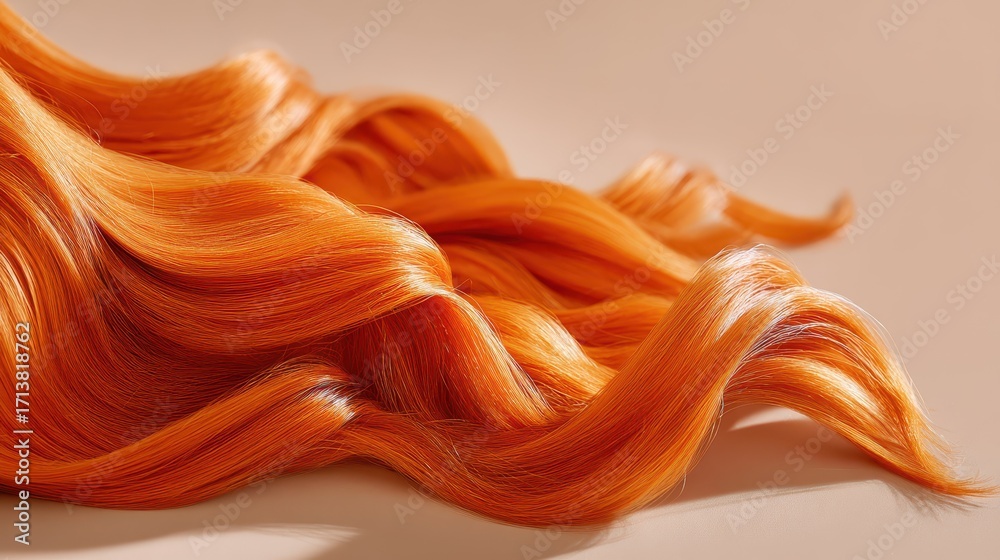 Fototapeta premium Wavy strands of vibrant orange synthetic hair on beige background