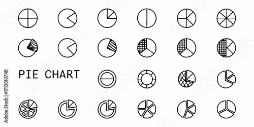 Diverse collection of simplified pie chart icons representing data visualization and analysis for business presentations