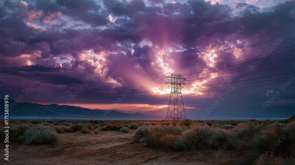 Fototapeta premium Transmission tower standing in a desert with shrubs under a vivid sunset sky filled with purple clouds and beams of sunlight.