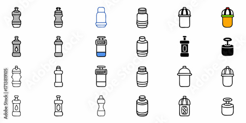 Diverse collection of modern water bottle icons and drawings for fitness and healthy lifestyle designs