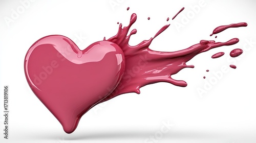Glossy Pink Heart Exploding with Paint Splatter on White Background