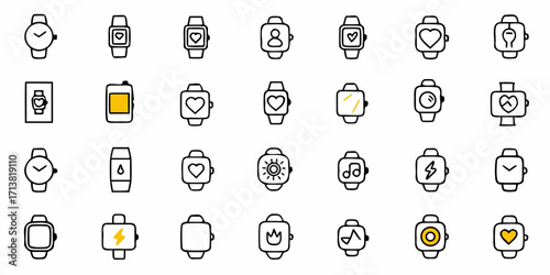 Modern smartwatch icons collection showcasing health, music, and lifestyle features for dynamic tech branding