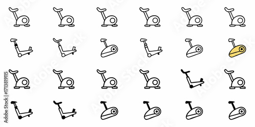 Dynamic exercise bike icons showcasing modern fitness equipment variations for health and wellness projects