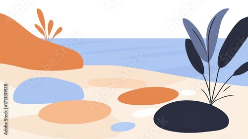 Abstract Coastal Landscape Illustration: Minimalist Beach Scene with Organic Shapes