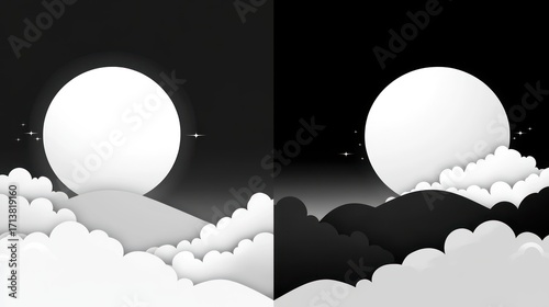 Abstract Night Sky with Moon and Clouds, Minimalist Design, Black and White.