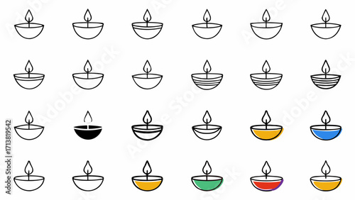 Collection of decorative diya lamps with vibrant flames for festive celebrations and cultural events