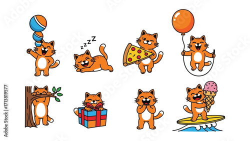 Playful Cat Cartoon Collection: A collection of charming cartoon cats engaging in various activities, from playtime to enjoying treats, perfectly capture a playful and adorable essence.
