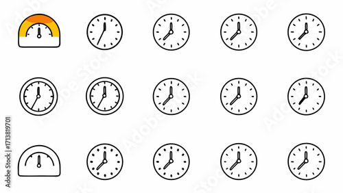 Modern icons of clocks and gauges representing time management, deadlines, and punctual performance for business success