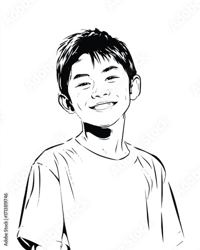 Monochrome portrait of a smiling young boy with expressive eyes and cheerful demeanor on white background