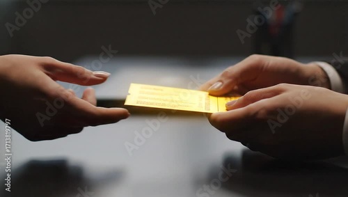 Close-up shot of hands exchanging a golden Cyber Monday home shopping Golden Ticket, warm lighting, against a dark background.