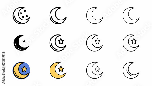 Diverse crescent moon and star icons for celestial themes, night sky, and cultural designs