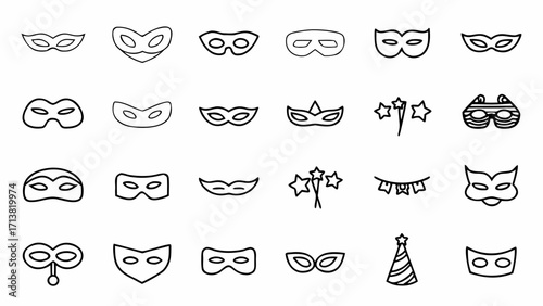 Diverse collection of festive masquerade masks and party icons perfect for celebrations and events