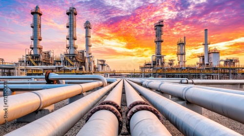 Industrial pipeline infrastructure at sunset oil refinery photography urban environment wide angle view energy sector dynamics