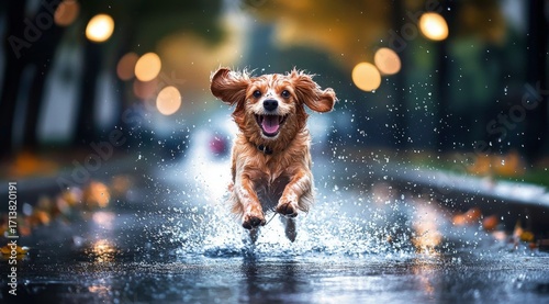 Energetic dog enjoys a playful romp in the rain.