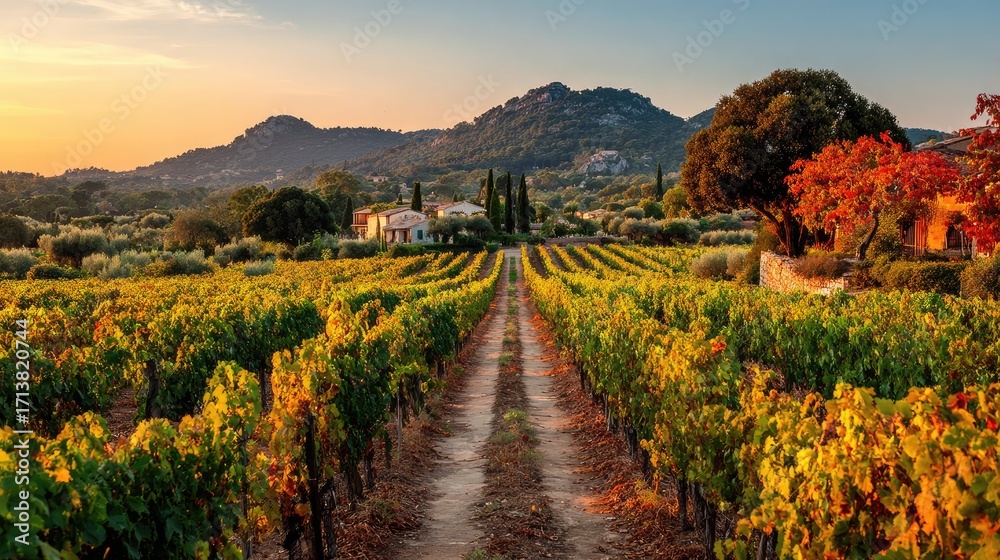 Naklejka premium Sun-drenched vineyard rows lead to a farmhouse nestled amongst autumnal hills at sunset
