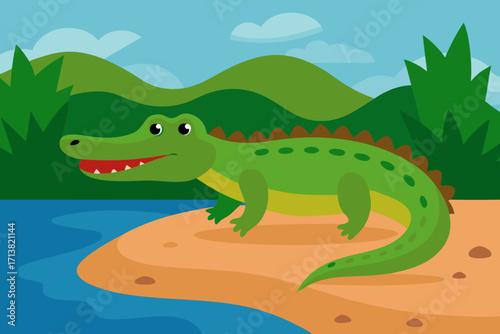Cartoon crocodile riverbank vector illustration