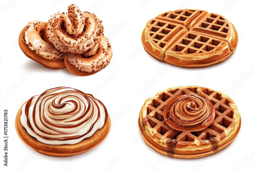 Fototapeta premium Delectable assortment of pastries featuring cinnamon rolls and waffles, topped with creamy frostings.