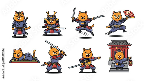 Samurai Cat in Action: A collection of dynamic illustrations showcases an adorable cartoon cat in traditional samurai attire, engaging in various action poses with swords, helmets.