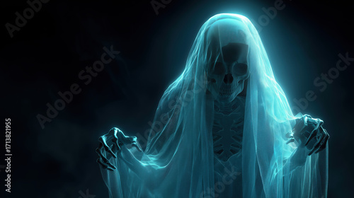 Haunting Illustration of a Skeletal Banshee in Ethereal Glow with Ghostly Veil