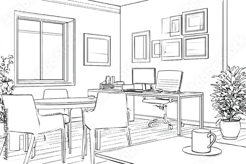 Office interior design with desk chairs computers plants and wall art creating modern workspace environment illustration