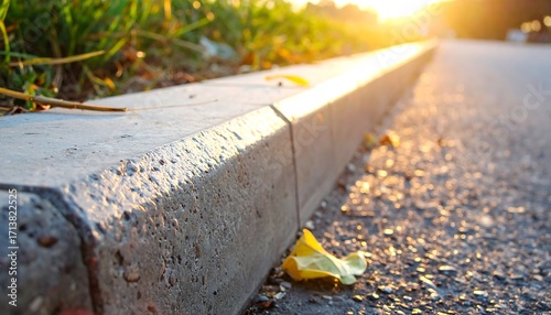 A close-up view of a light gray curb separating a grassy area from a paved road, bathed in the warm glow of the setting sun.