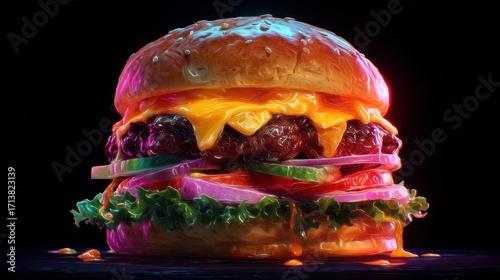 Vibrant Neon-Lit Double Cheeseburger with Dripping Cheese on Black Background.