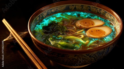 Vibrant Neon Ramen Bowl, Artistic Food Photography.