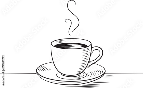 Hand Drawn Steaming Coffee Cup on Saucer Illustration