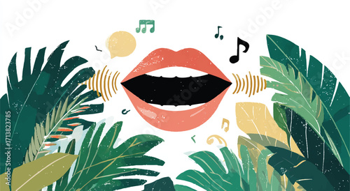 Open mouth sound waves and music notes surrounded by lush tropical foliage concept illustration design element