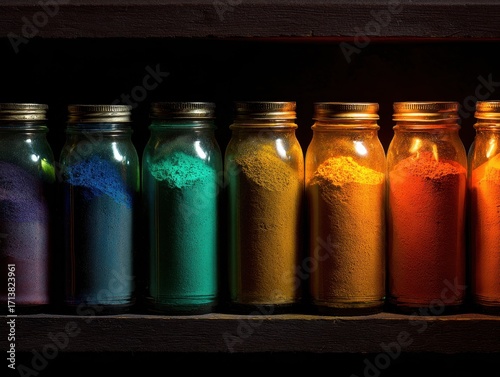 Vibrant Rainbow of Pigment Powders in Glass Jars, Dark Shelf, Artistic Lighting.