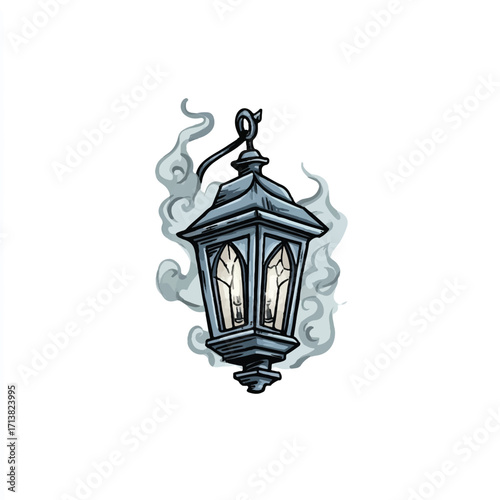 Ornate gothic style lantern illustration shining amidst ethereal wisps of smoke creating a mysterious scene