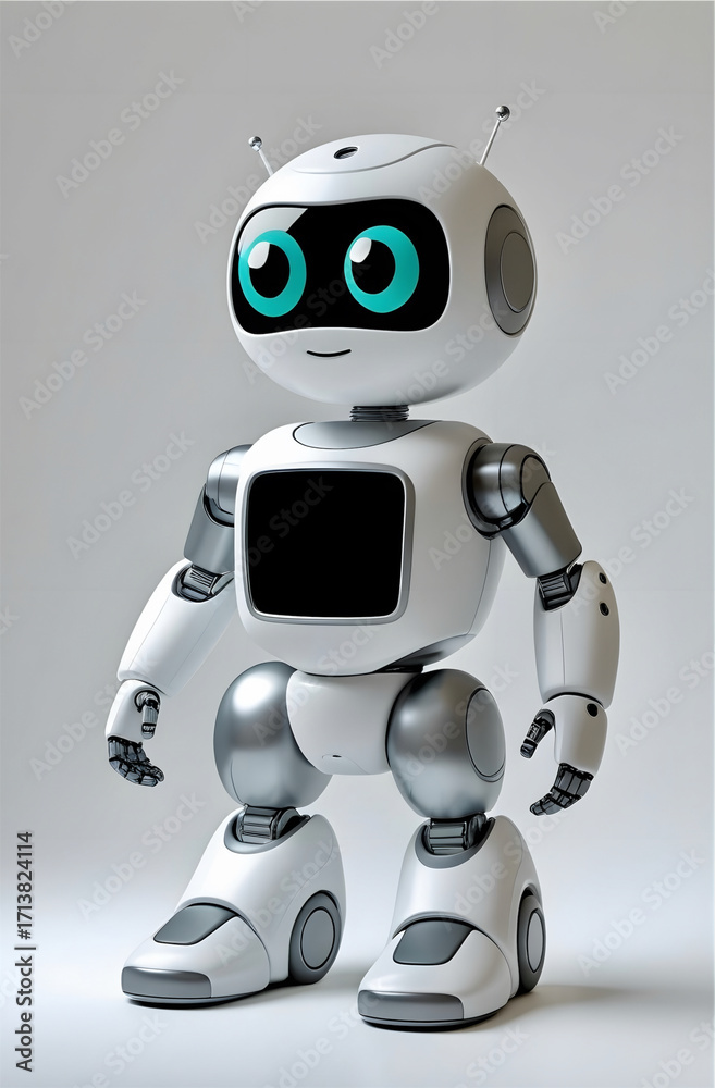 Fototapeta premium A small humanoid robot stands against a neutral background. It has a white body with grey accents, featuring a shiny, rounded design. 