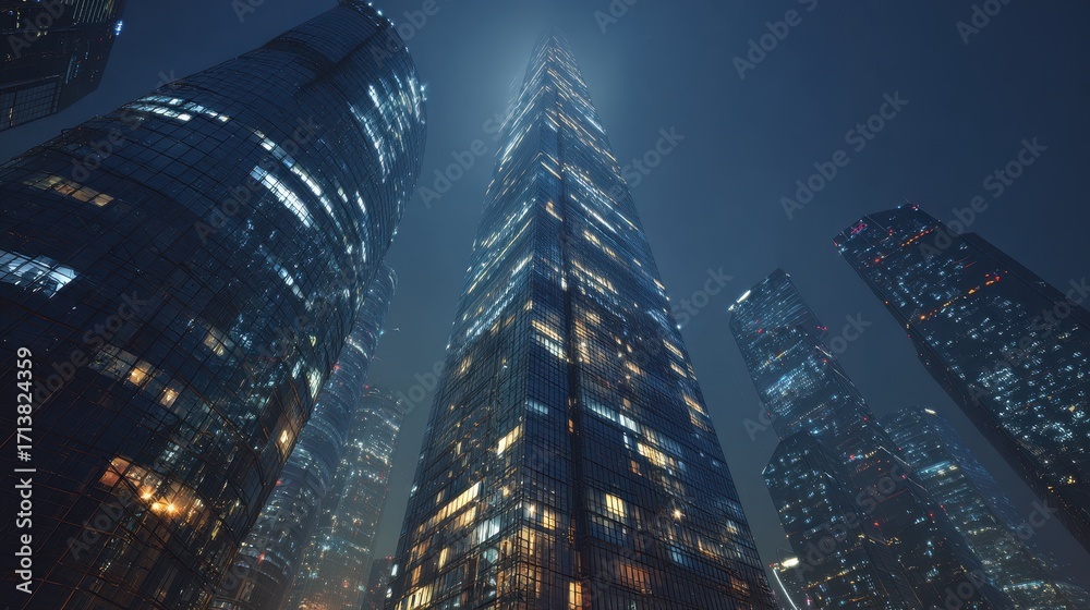 Obraz premium Futuristic Metropolis at Night - Towering Skyscrapers Illuminated by Electric Glow Under Moody Sky.