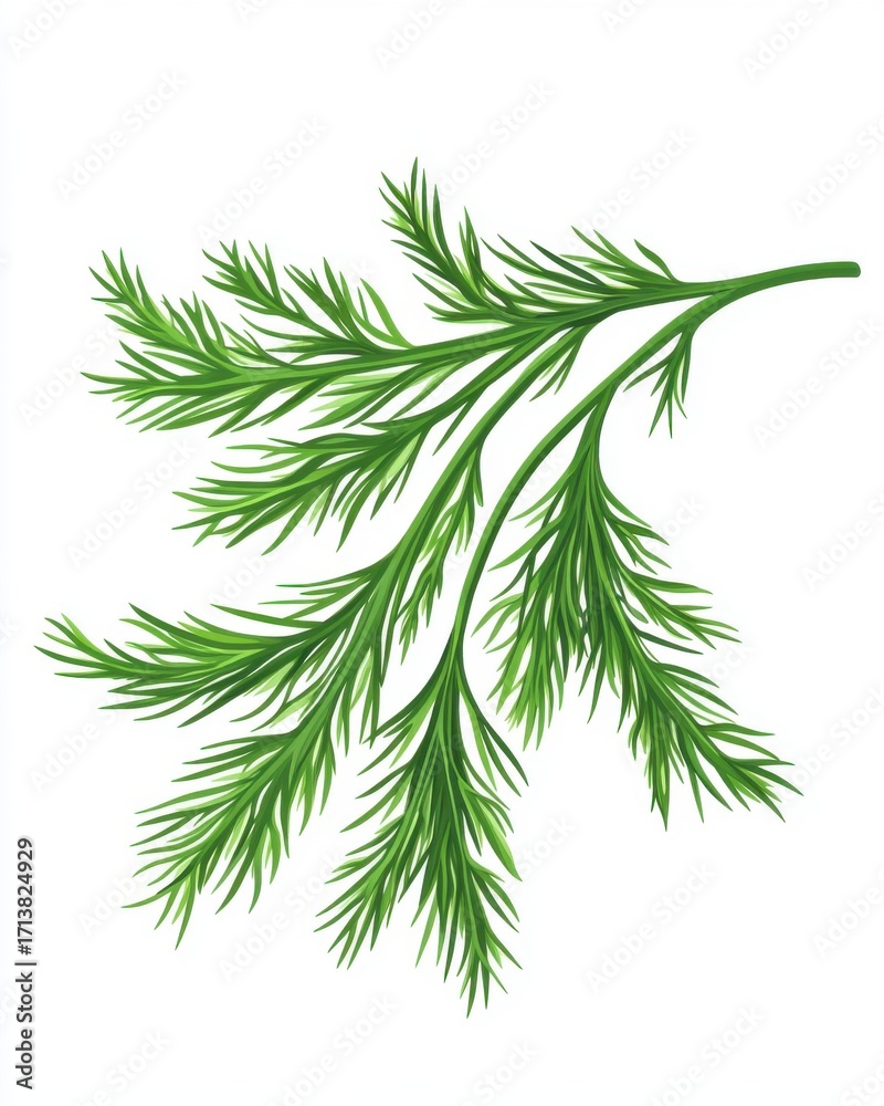 Fototapeta premium Vibrant green dill sprig showcasing its delicate, feathery texture against a white background.