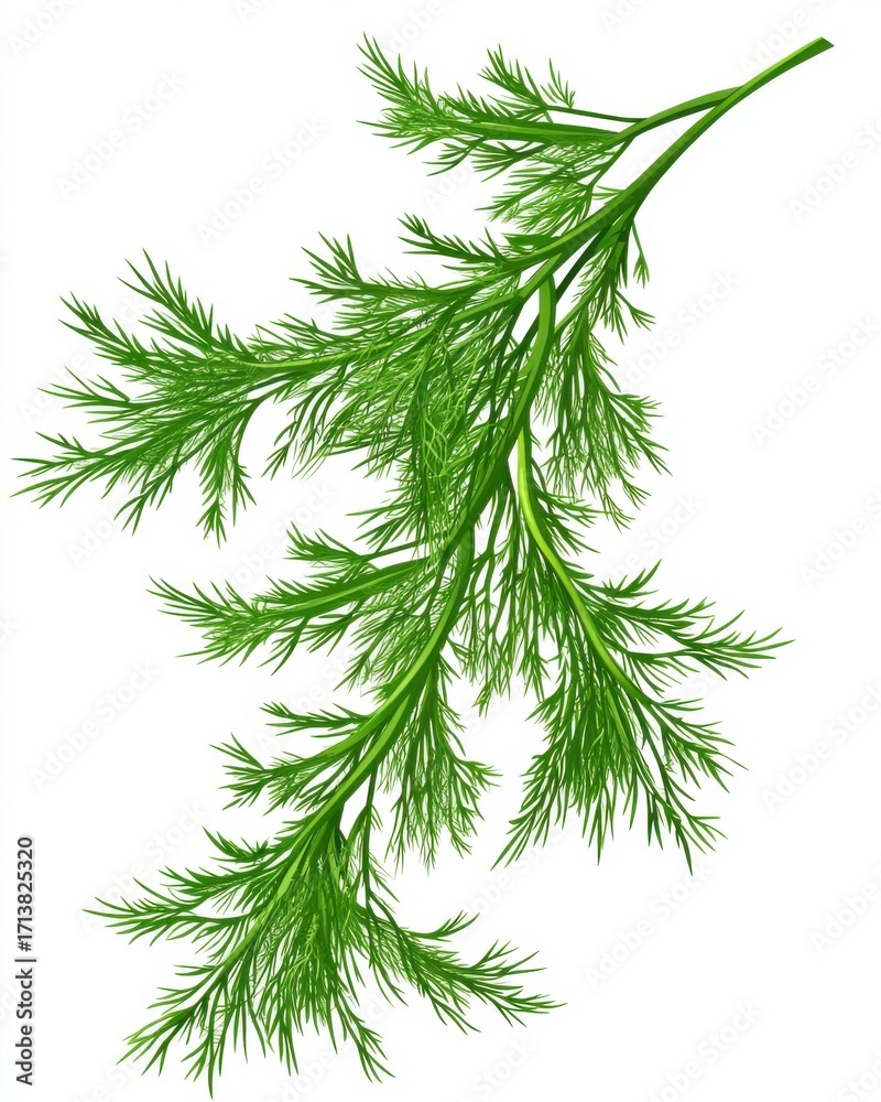 Fototapeta premium Vibrant green dill herb sprig with delicate, feathery leaves against a clean white background.
