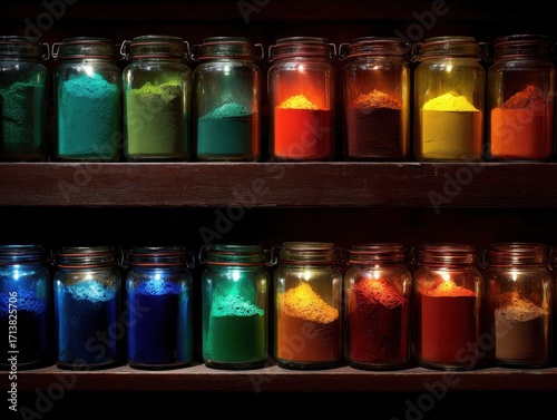 Vibrant Pigment Powders in Glass Jars - A Dark, Moody Still Life.