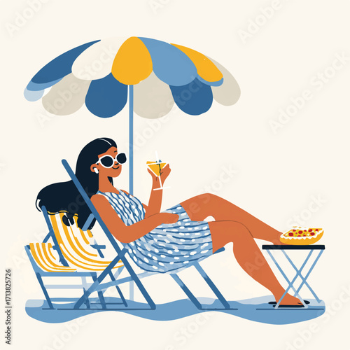 Relaxing summer getaway illustration woman on beach chair with cocktail and pizza vector graphic design