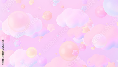 3D render pastel dreamy clouds, stars, and bubbles.