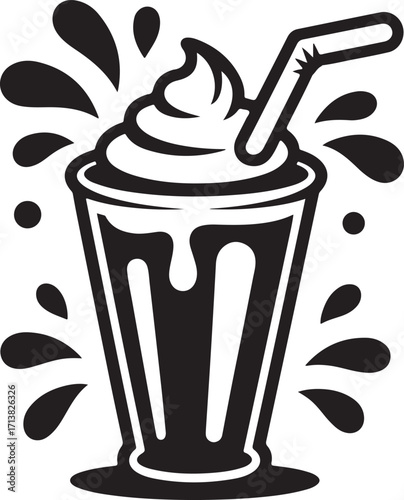 Monochrome Milkshake Illustration with Whipped Cream, Straw and Splashes