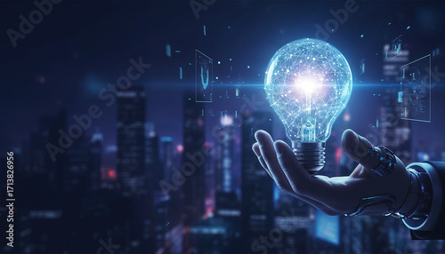 Hand holding a light bulb with a glowing effect and a network connection on a blue background, suggesting the idea of innovative technology, education, or business concepts.
