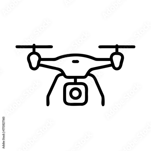 Minimalist black outline vector icon of a drone quadcopter with a camera, symbolizing aerial photography, surveillance, and modern technology, isolated on a transparent background
