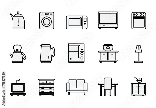 Set of minimalist line art home appliance and furniture icons for modern living concept