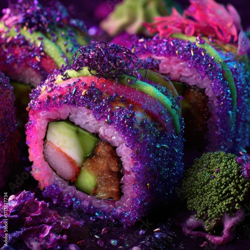Vibrant Rainbow Sushi Roll Adorned with Edible Glitter and Exotic Garnishes.