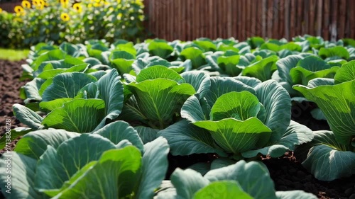 Lush cabbage field with sunflowers and fence under bright sunlight