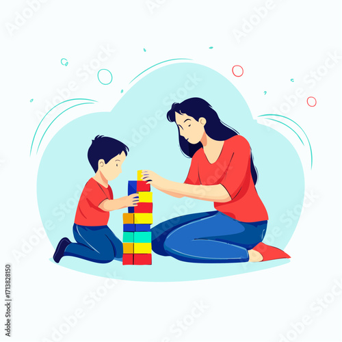 Vector image of Mother and child building colorful towers with wooden blocks learning through play activities