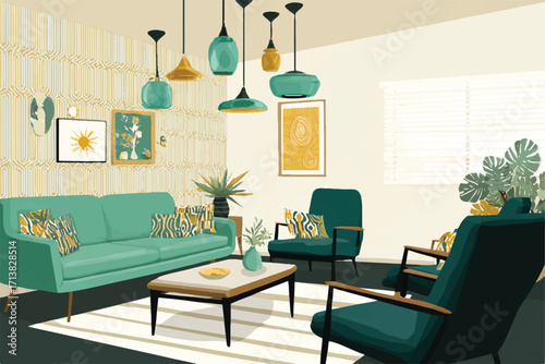 Stylish Retro Living Room Interior with Teal Furniture Geometric Wallpaper and Modern Lighting Fixtures Vector Illustration