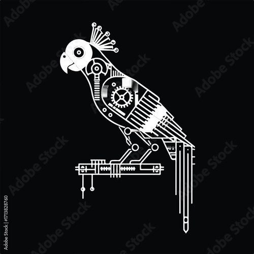 Stylized mechanical parrot artwork with intricate gears and white lines against a solid black background for a modern look
