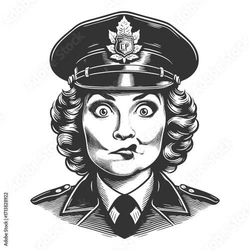  woman in police uniform with curly hair, wide eyes, and quirky lip-biting expression sketch engraving generative ai fictional character vector illustration. Scratch board imitation. Black and white.