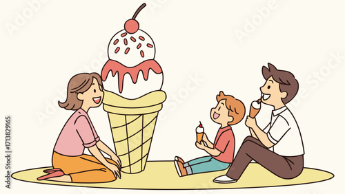 Happy Family Sharing Colorful Giant Ice Cream Sundae Together in Glossy 3D Vector 