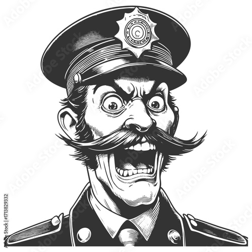 policeman with a large mustache, open mouth, and exaggerated shouting comic expression sketch engraving generative ai fictional character vector illustration. Scratch board. Black and white image.